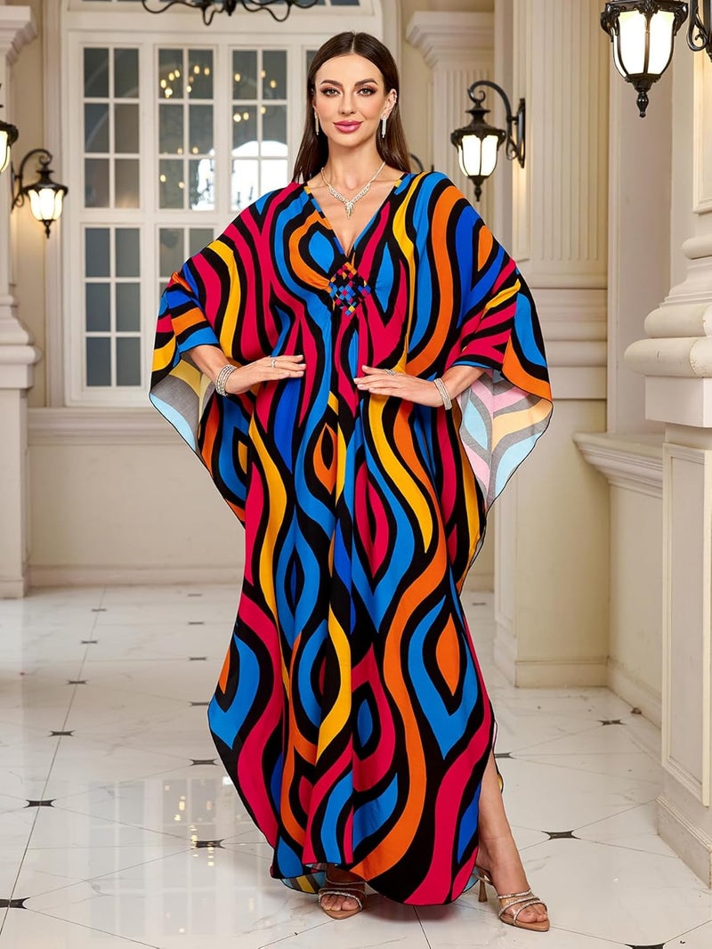 KEYLORTING Women’s Kaftan Beach Cover Up Dress Plus Size Summer Swimsuit Loungewear Maxi Dress - Image 3